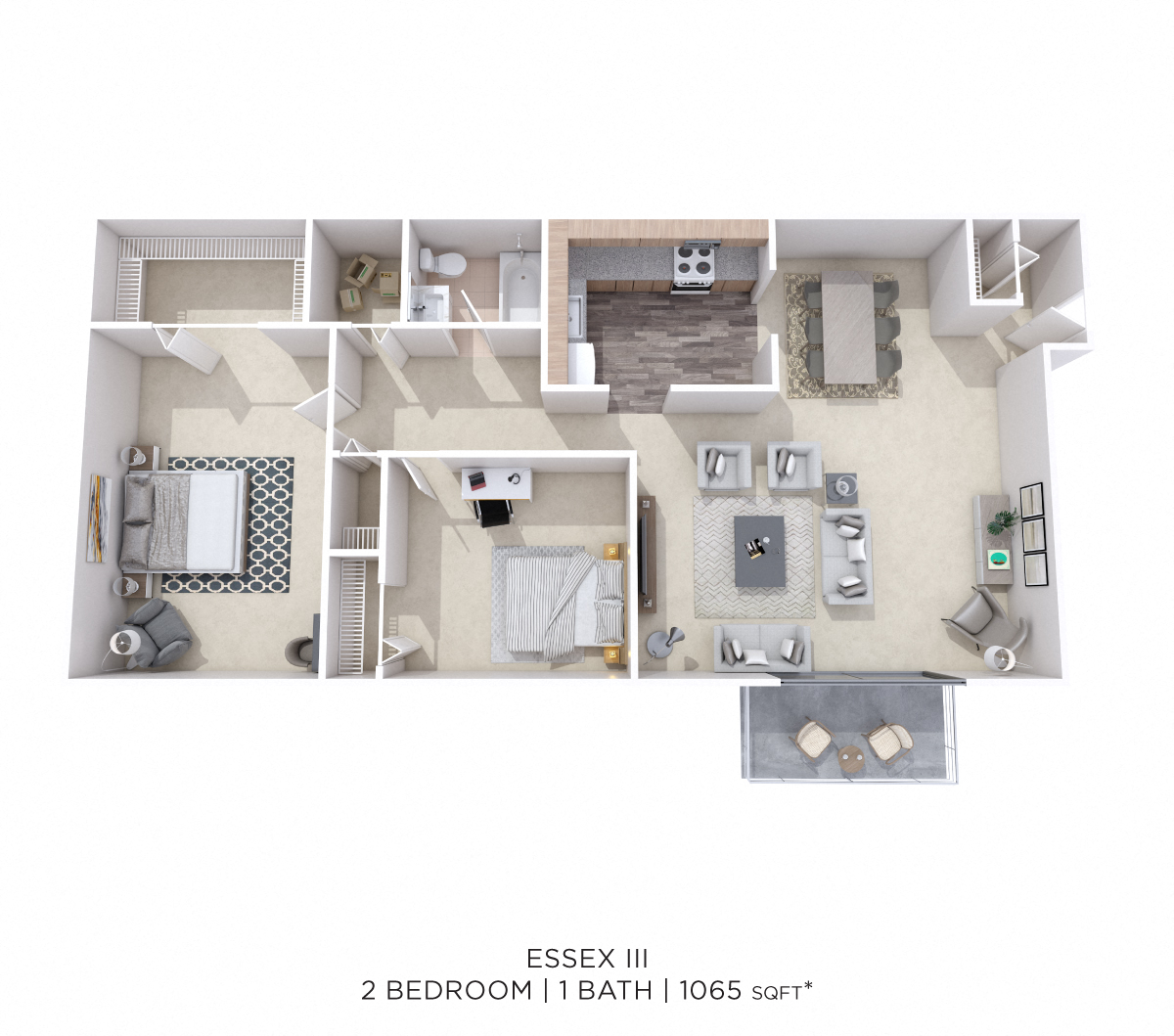 Floor plan for 2 beds, 1 bath, 1065 sqft